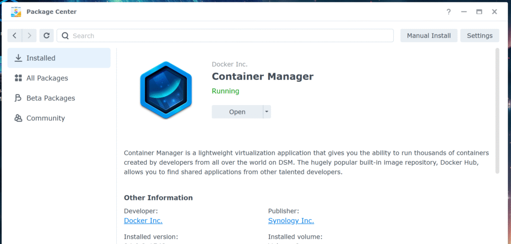 The Container Manager is Synology's GUI for Docker.