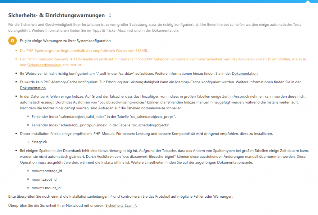 Nextcloud hints and warnings