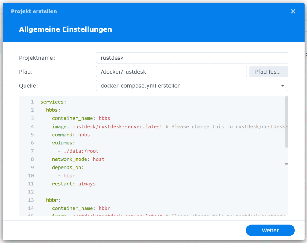 Der Container Manager unterstützt Docker Compose.